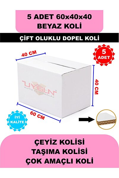 Uygun Kutu ve Ambalaj 5 ADET 60x40x40 Beyaz Çeyiz Kolisi, Taşıma Kolisi, Boş ...