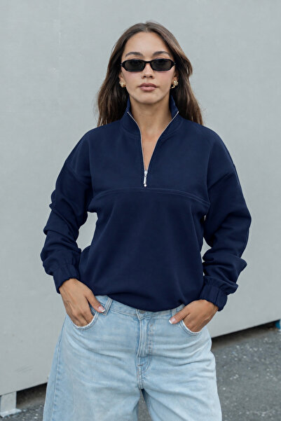 DI LORIA Women's Navy Blue Half-Zipper High-Neck Oversize Sweatshirt with Ela...