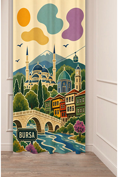 GREENDECOR Green Bursa Inspired Design Retro Illustration Background Curtain ...