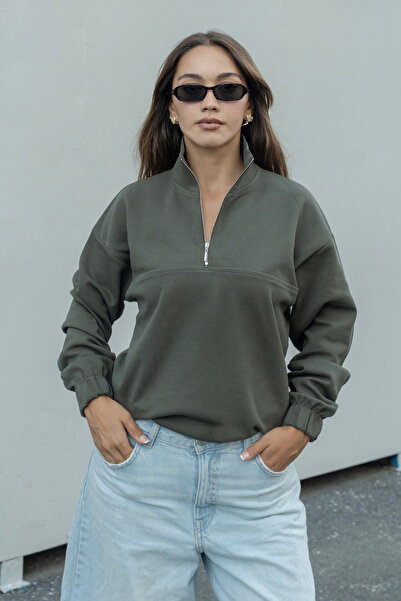 DI LORIA Women's Khaki Half-Zipper High Collar Oversize Sweatshirt Elastic Co...