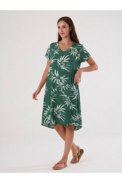 Flubutik Women's Woven Viscose V-Neck Dress Green White Pattern