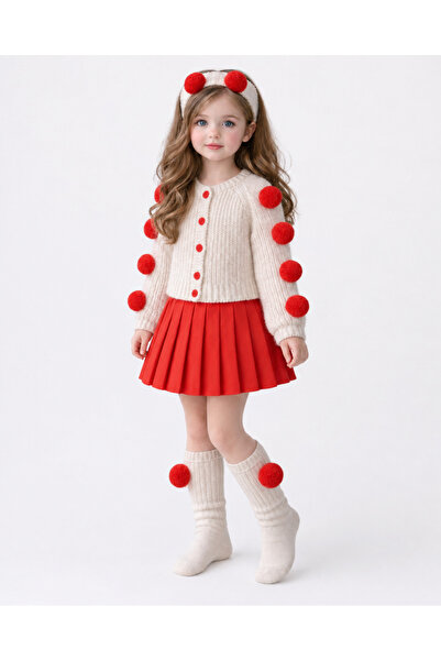 leora kids store Kız çocuk triko 4 parça set(bandana,çorap,düğmeliceket,etek)