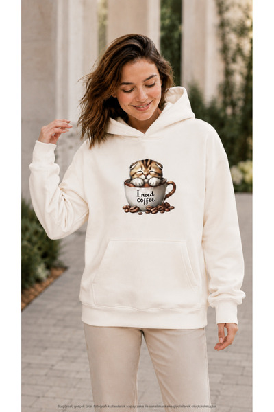 EMMODA Women's Coffee Themed Cat Inside Cup Graphic Printed Hooded Casual Swe...