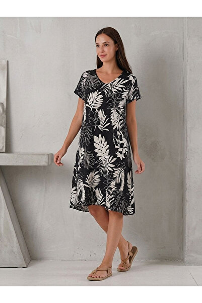 Flubutik Women's Woven Viscose V-Neck Dress Black and White Leaf Pattern