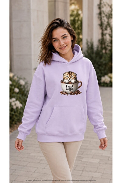EMMODA Women's Coffee Themed Cat Inside Cup Graphic Printed Hooded Casual Swe...