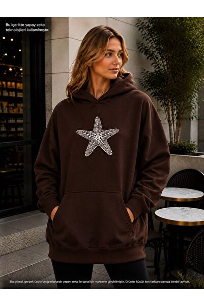 EMMODA Women's Large Starfish Printed Hooded Casual Sweatshirt with Kangaroo ...