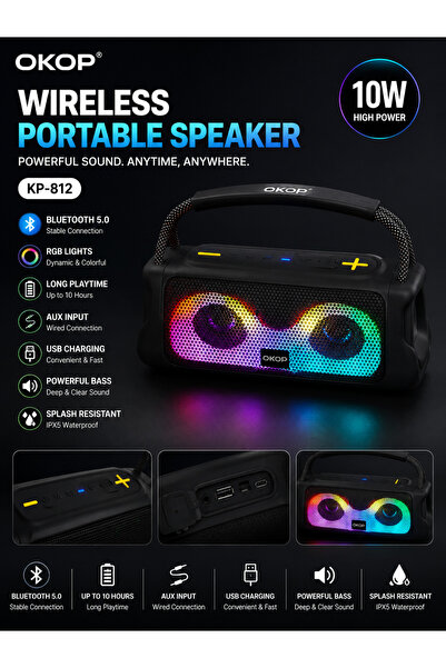 Okop Boxă Portabilă KP-812 10W – Bluetooth, RGB Multicolor, Bass Puternic, AU...