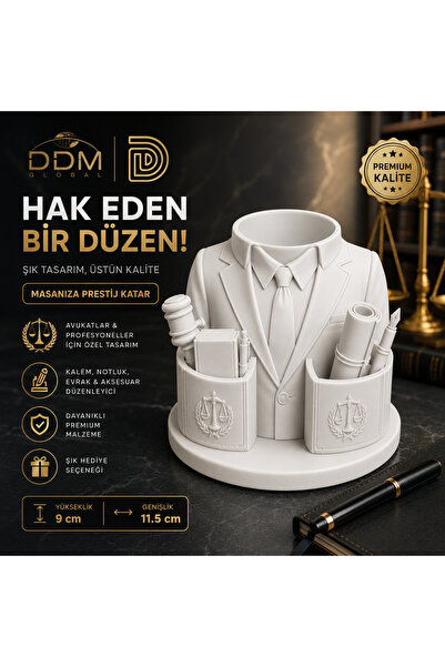 Avukat Temalı Masaüstü Organizer Kalemlik Beyaz – Hukuk Bürosu Dekoratif Kalemlik – Premium Tasarım