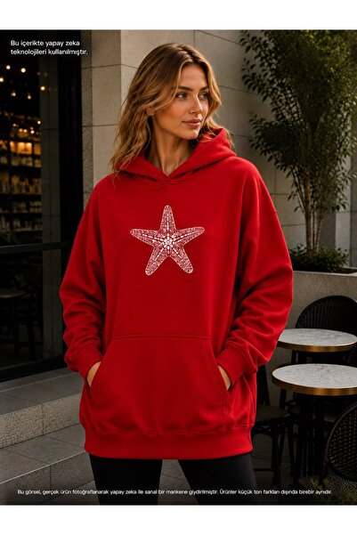EMMODA Women's Large Starfish Printed Hooded Casual Sweatshirt with Kangaroo ...