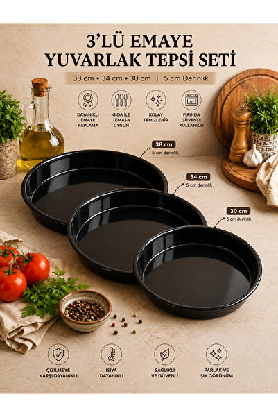 ALEV EMAYE 3’lü Emaye Yuvarlak Tepsi Seti 38 cm 34 cm 30 cm – 5 cm Derinlik, ...