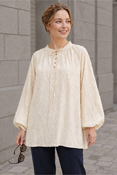 GLOW MUSE Yakası Bağcıklı Düğmeli Astarlı Nakışlı Oversize Keten Tunik -Sarı