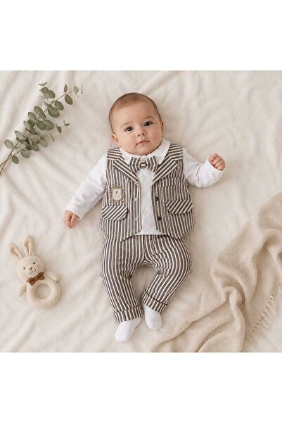 Erkek Bebek 1362 Çizgili Yelekli Üçlü Papyonlu Takım 0-3/3-6/6-9/9-12 Ay