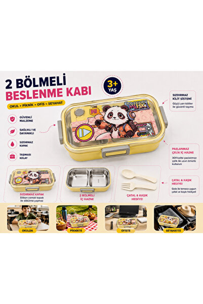 MUZEKO SARI 885 Okul Beslenme Kabı Paslanmaz Çelik Sızdırmaz Kaşıklı Yemek Ka...