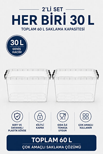 Nuaen 2'li 30 L Kilitli Şeffaf Saklama Kutusu Seti Çok Amaçlı Düzenleyici 60 L