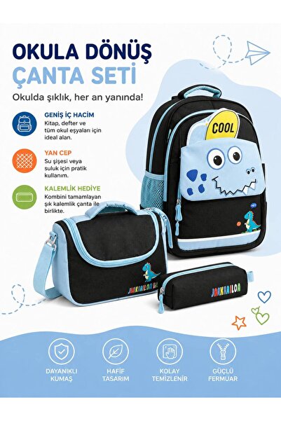 MİECZ BAGS Sevimli Dinazor Figürlü Kapaklı Modern Çok Gözlü İlkokul Kız & Erk...
