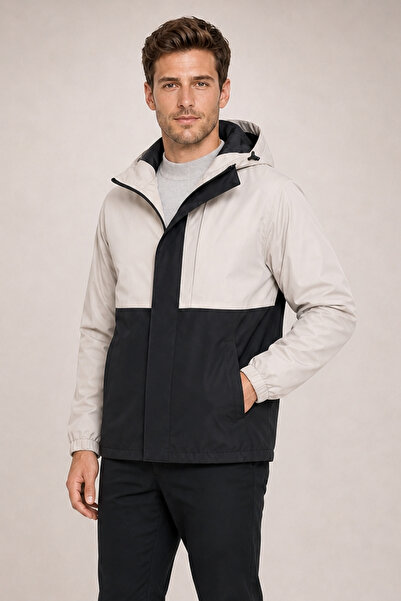 Firststops Men's Stone Black Zippered Water Resistant Hooded Windbreaker & Ra...