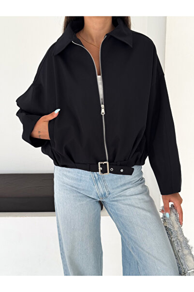 RosePearl Kadın Fermuarlı Düşük Omuz Oversize Bomber Ceket