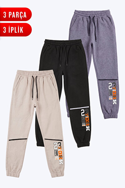 FYK KİDS Boys' 3-Piece Striped Detailed Printed Double Pocket Sweatpants