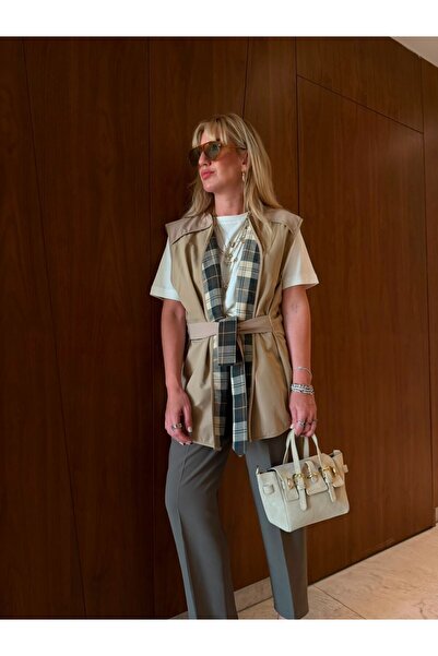 begum mayda Orijinal Model , İçi Ekoseli , Kuşaklı , Bej Yelek