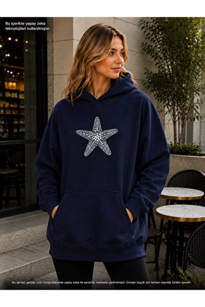 EMMODA Women's Large Starfish Printed Hooded Casual Sweatshirt with Kangaroo ...