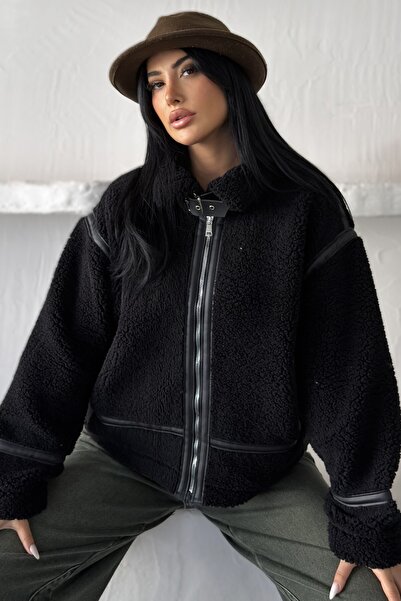 moda armanc Kadın Deri Şeritli Dik Yaka Peluş Ceket - Oversize Teddy Biker Mont