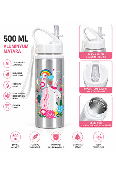 monthiron Alüminyum Matara 500 ML Çocuk Su Matarası Pipetli Sızdırmaz Dayanık...