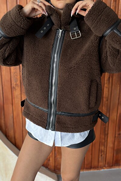 moda armanc Kadın Deri Şeritli Dik Yaka Peluş Ceket - Oversize Teddy Biker Mont