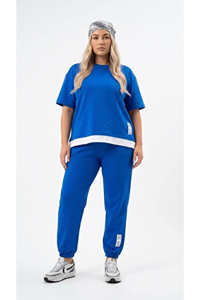 Koza Butik Women's Plus Size Short Sleeve Tracksuit Set with Side Label Detai...