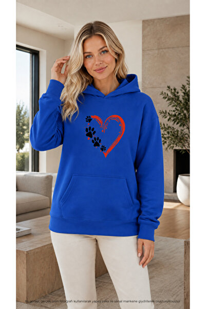 EMMODA Women's Cute Paw Print Heart Graphic Printed Hooded Kangaroo Pocket Ca...