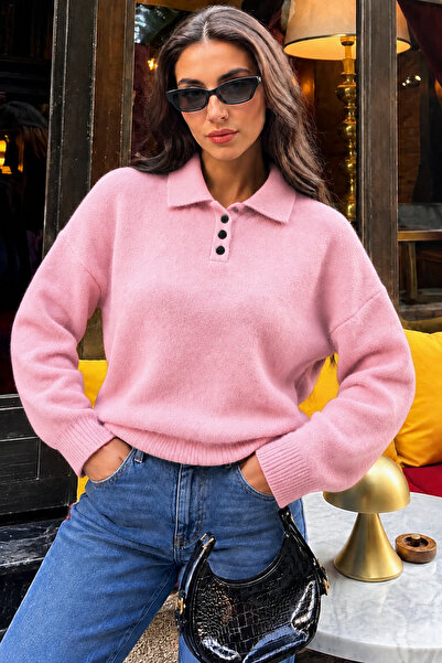 EGEMS Women's Shirt Collar Buttoned Sweater with Beard Thread Detail