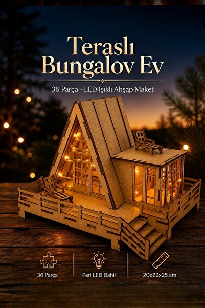 ALGWOOD Teraslı Bungalov Ev 3D Ahşap Maket Puzzle LED Işıklı 36 Parça DIY Dek...