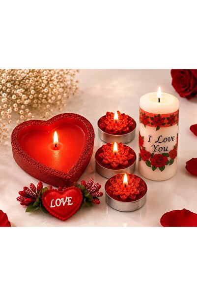 Floraglow Sevgiliye Özel Romantik Mum Hediye Seti Kalpli Dekoratif Mum ve Gül Desenli Mum Seti
