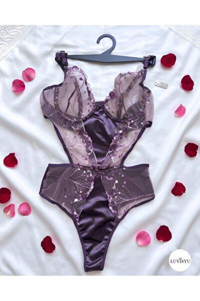 luvisyu | Love Secret Mor Çiçek İşlemeli Tül Balenli Kadın Bodysuit Çeyizlik ...