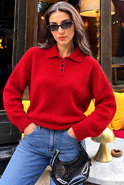 EGEMS Women's Shirt Collar Buttoned Sweater with Beard Thread Detail
