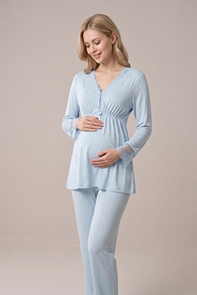 LOHOUSE Women's Blue Lace Buttoned Maternity Pajama Set for Easy Breastfeeding