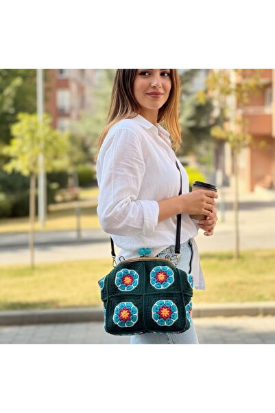 B BUL AKSESUAR Women's Hand-Knitted Crochet Shoulder Bag – Floral Pattern, Me...