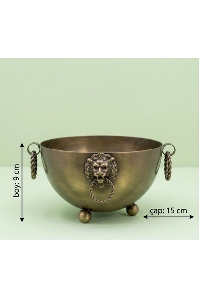 Genel Markalar Eskitme Metal Vazo Aslan Desenli Dekoratif Kase 9 cm x 15 cm
