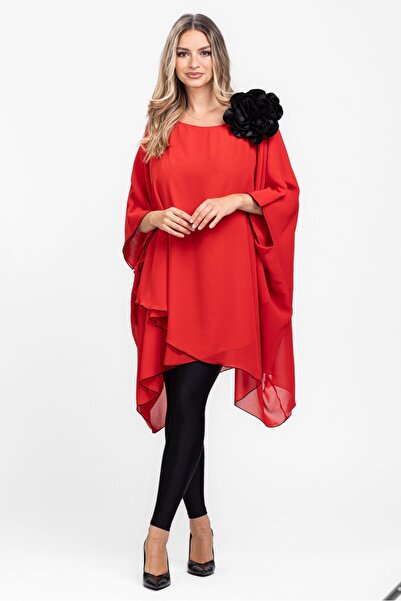 SIMPLU FASHION Bluza eleganta din voal corai cu brosa in forma de floare