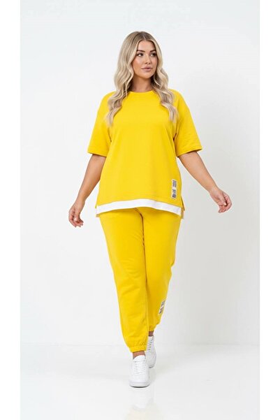 Koza Butik Women's Plus Size Short Sleeve Tracksuit Set with Side Label Detai...