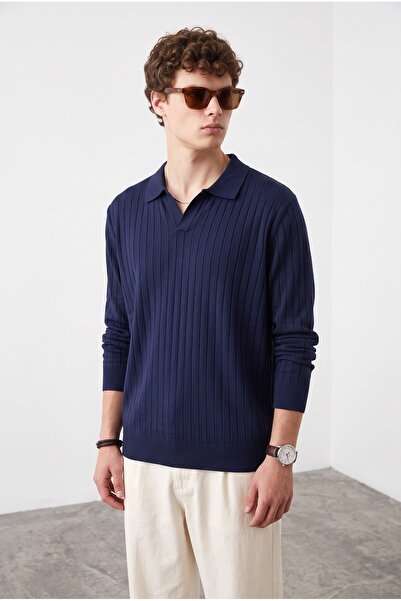 aziso Men's Polo Neck Ribbed Sweater