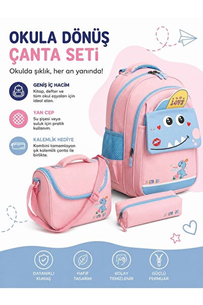 MİECZ BAGS Sevimli Dinazor Figürlü Kapaklı Modern Çok Gözlü İlkokul Kız & Erk...