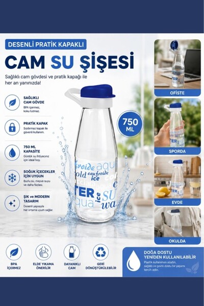 12den 750 ml Pratik Kapaklı Cam Su Şişesi, Desenli Buzdolabı Başucu Okul Spor...