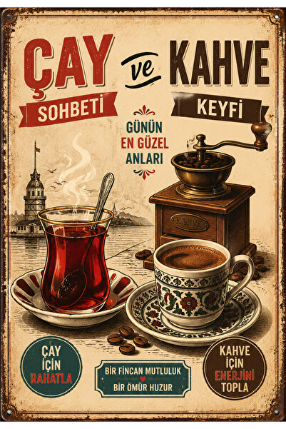 Lucena Çay ve Kahve Retro Metal Duvar Tabelası Vintage Mutfak Kafe Dekoru 30x...