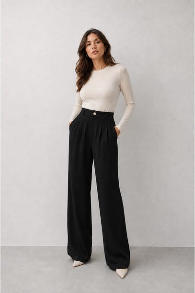 Serpirella Butik Pantaloni din stofă pentru femei, tip Palazzo, cu talie elastică și pliuri