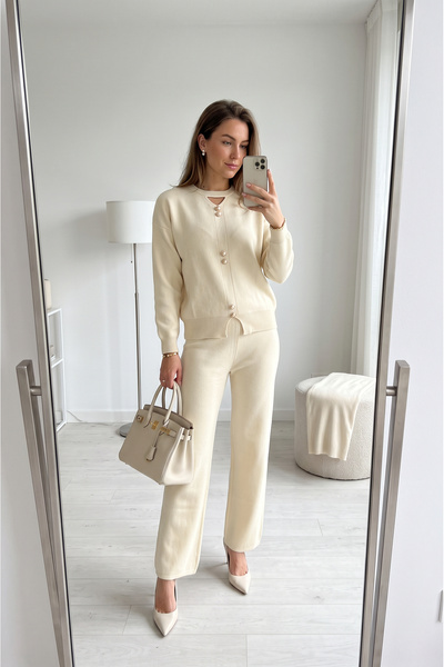 SAYZEN YOUR SHİNE Basic Gold Buttoned Collar Detail Sweater-Pants Women's Kni...