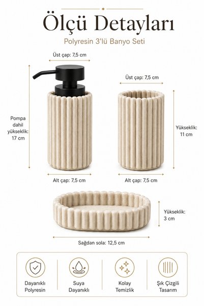 Penthouse 3 Piece Polyresin Bathroom Set Liquid Soap Dispenser, Toothbrush Holder and Solid Soap Dish Striped Beige Design