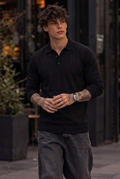 COMBİNE MİCHAİL Men's Shiny Pocketless Plain Pattern Black Sweater