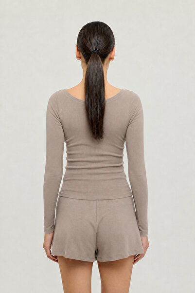 SHEISMONO Soft Rib Oval Yaka Bluz Vizon