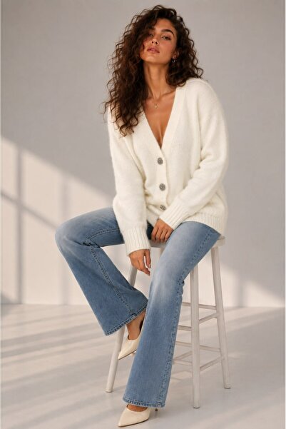 Noi Belis Stone Buttoned V-Neck Pocketed Soft Textured Knitwear Cardigan Aw26...