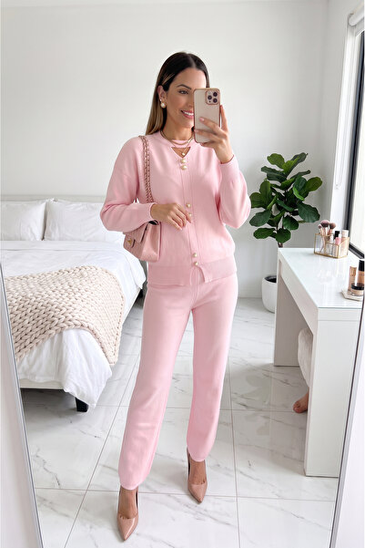 SAYZEN YOUR SHİNE Basic Gold Buttoned Collar Detail Sweater-Pants Women's Kni...